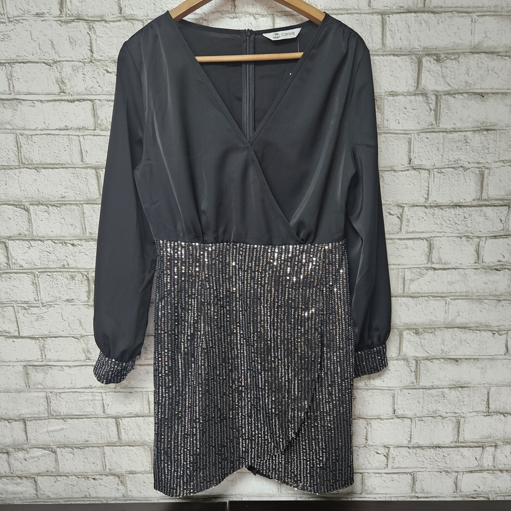 Cupshe Women's Long Sleeve Black Dress Sequin Skirt Size M NWT